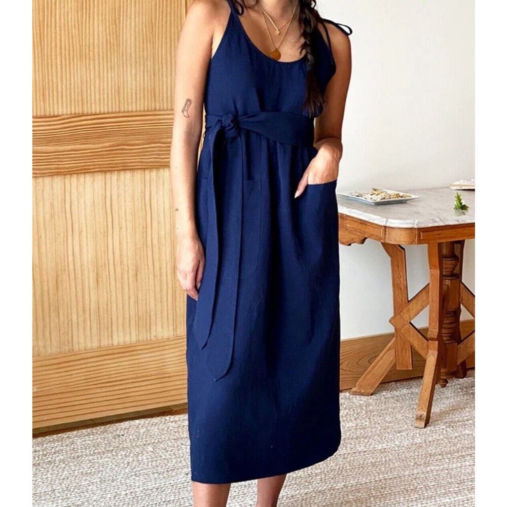 NEW Emerson Fry Linen Blend Dress Small Navy Sleeveless Tie Belt MIDI Lined